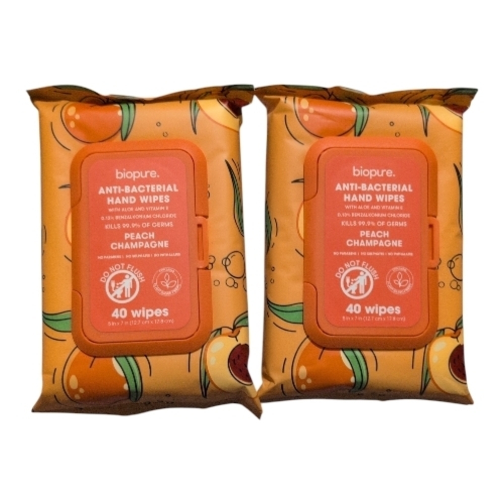 Biopure Peach Champagne Anti-Bacterial Hand Wipes 2pk 80 Wipes In Total